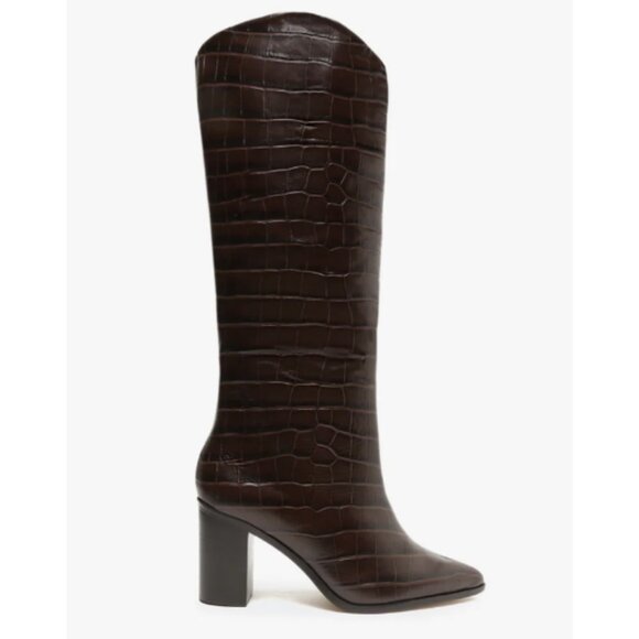 Schutz Maryana Crocodile Embossed Leather Wide Block Boots Dark Brown Sz 9 NWB - Picture 3 of 12